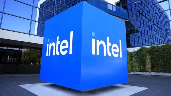 The Intel logo on a cube.