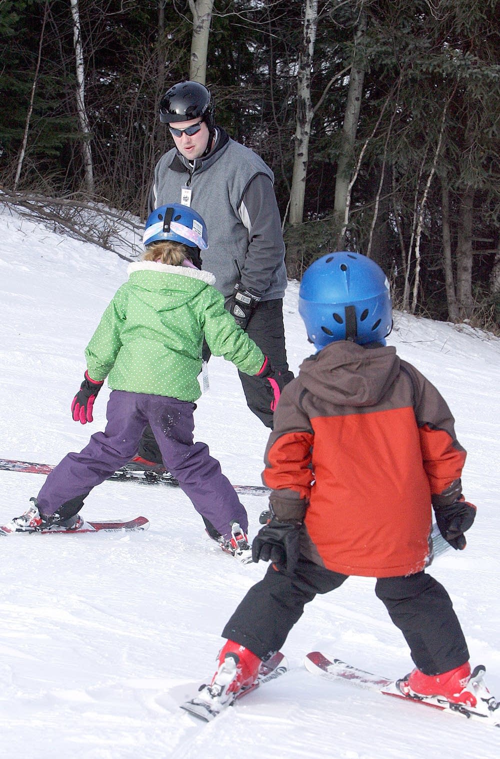 Wearing ski helmets