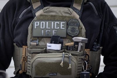 A close-up of an ICE officer's vest