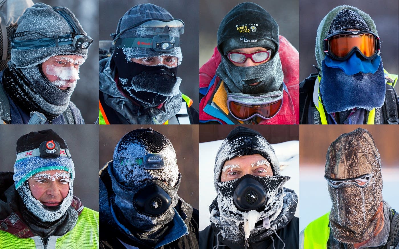 Snow and frost cover the faces of racers