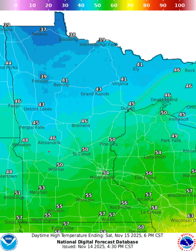 Forecast high temperatures Saturday
