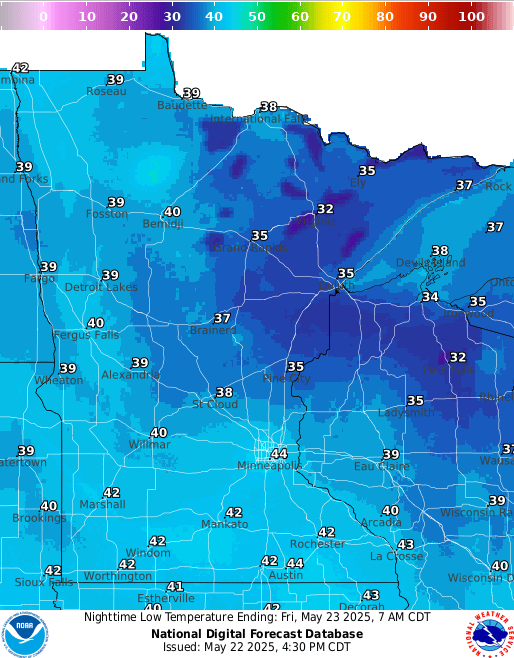 Forecast low temperatures Friday