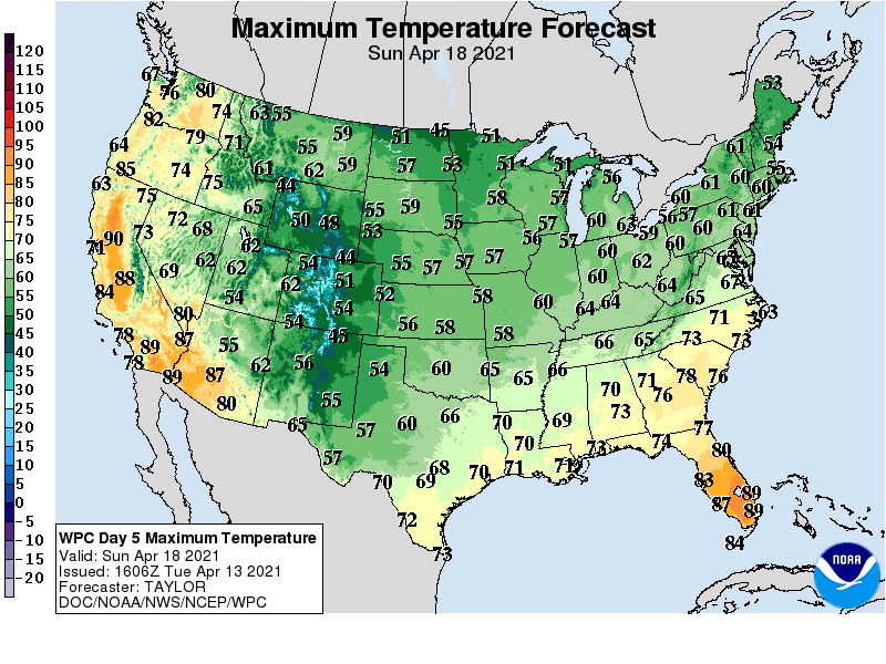 Forecast high temperatures Sunday