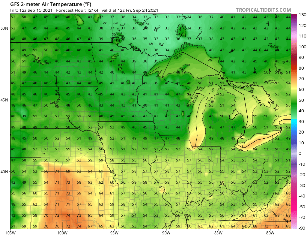 NOAA GFS temperature forecast for 7 am Friday September 24