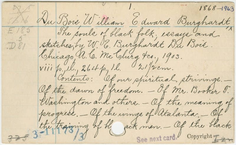 The Library of Congress card for a W.E.B. Du Bois book
