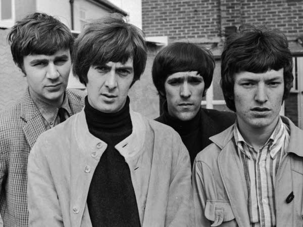 The Spencer Davis Group in 1966, (left to right): Pete York, Spencer Davis, Muff Winwood and Steve Winwood, at Spencer Davis' new home in Potters Bar, Hertfordshire.