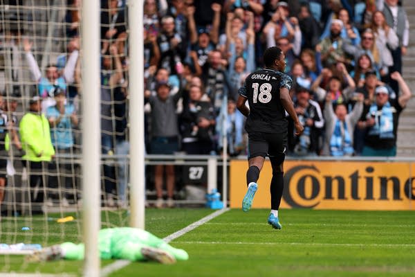 A Minnesota soccer player jogs away after scoring a goal, while the opposing goalkeeper lies face down.