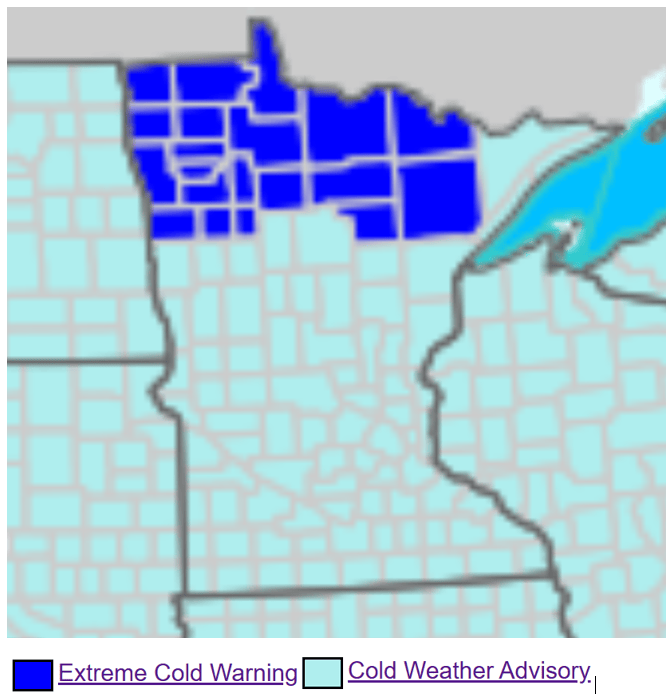 Extreme cold warning and cold weather advisory