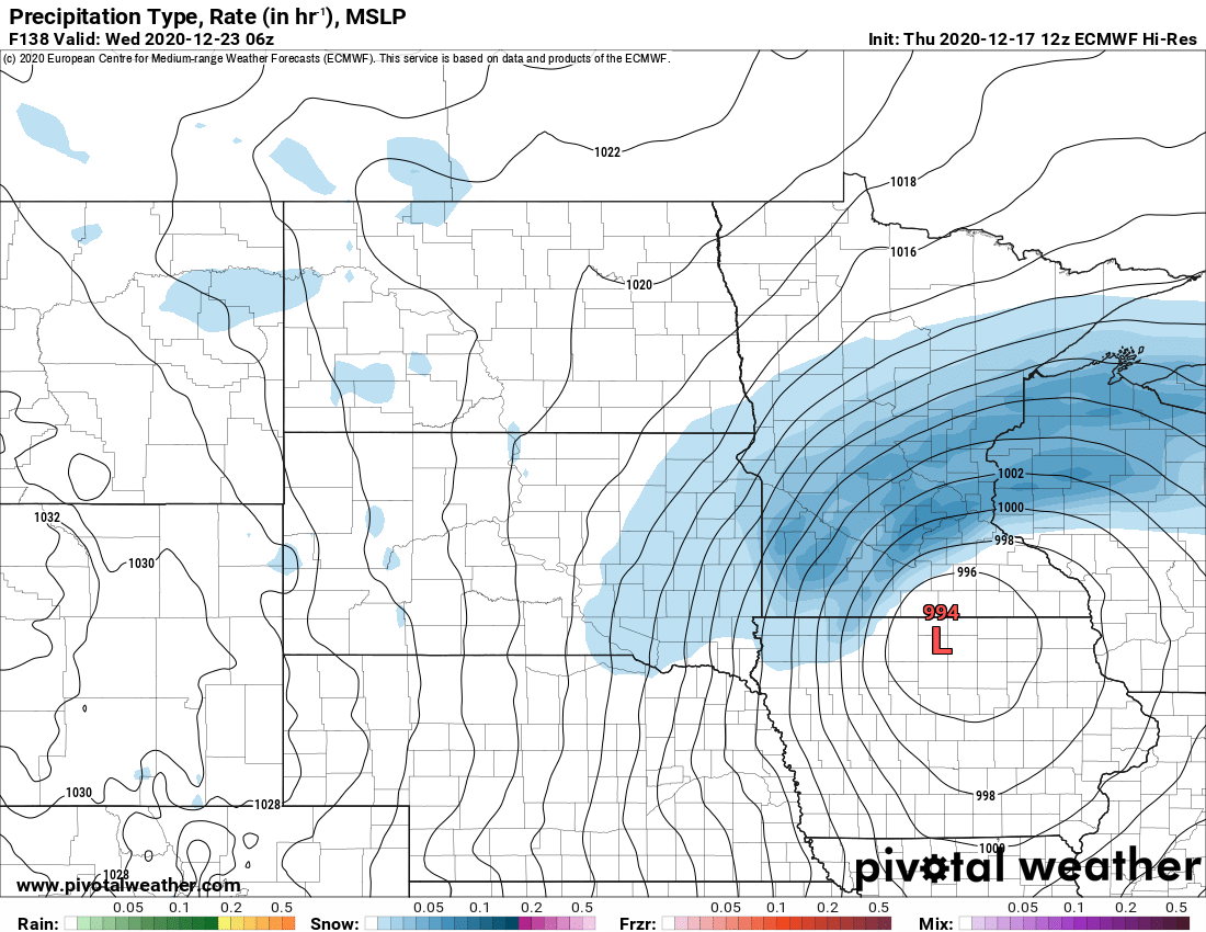 European model forecast for midnight Wednesday December 23