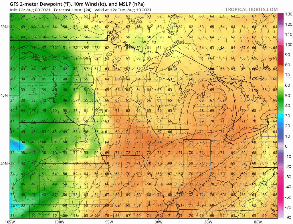 NOAA GFS dew point forecast through Thursday