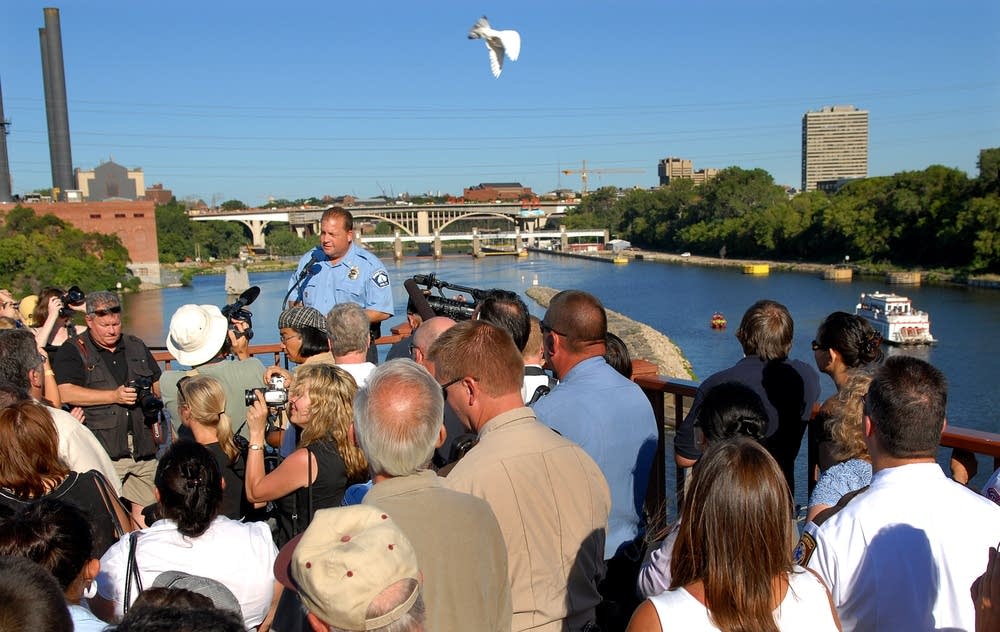 A dove flies above bridge ceremony