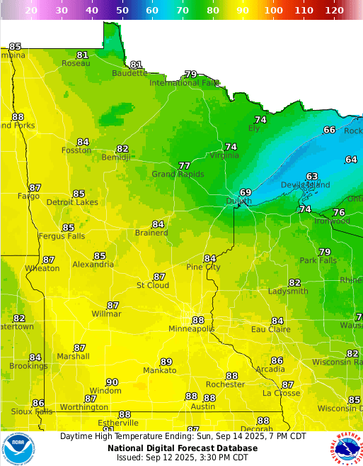 Forecast high temperatures Sunday