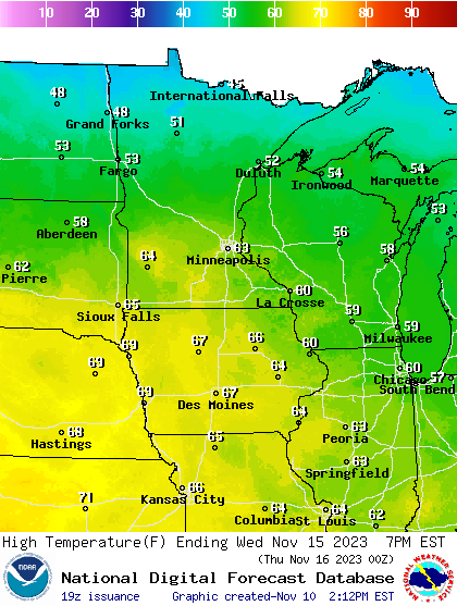 Forecast high temperatures Wednesday