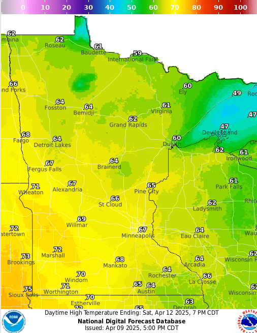 Forecast high temperatures Saturday