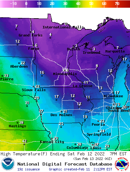 Forecast high temperatures Saturday