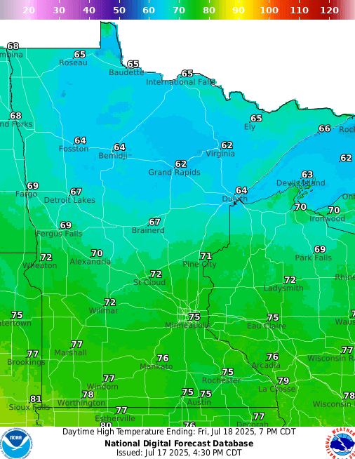 Forecast high temperatures Friday