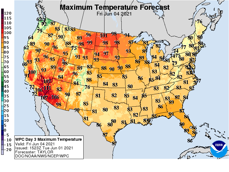 Forecast high temperatures Friday