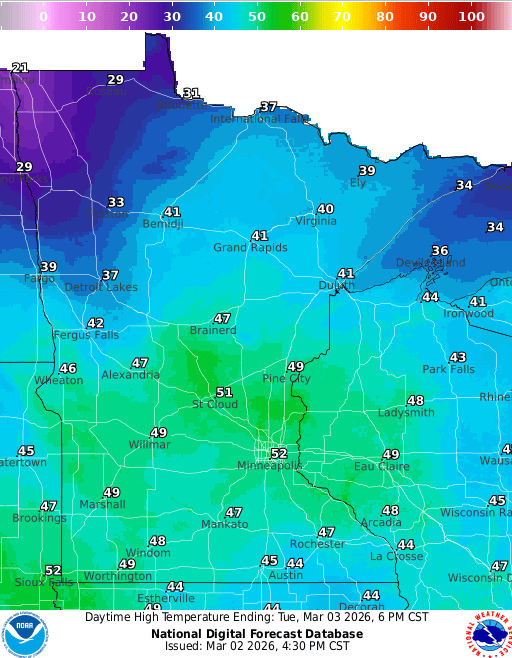 Forecast high temperatures Tuesday