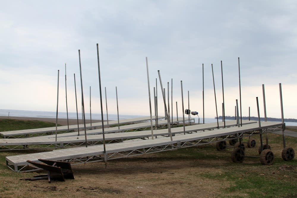 Metal docks stand ready to be put in