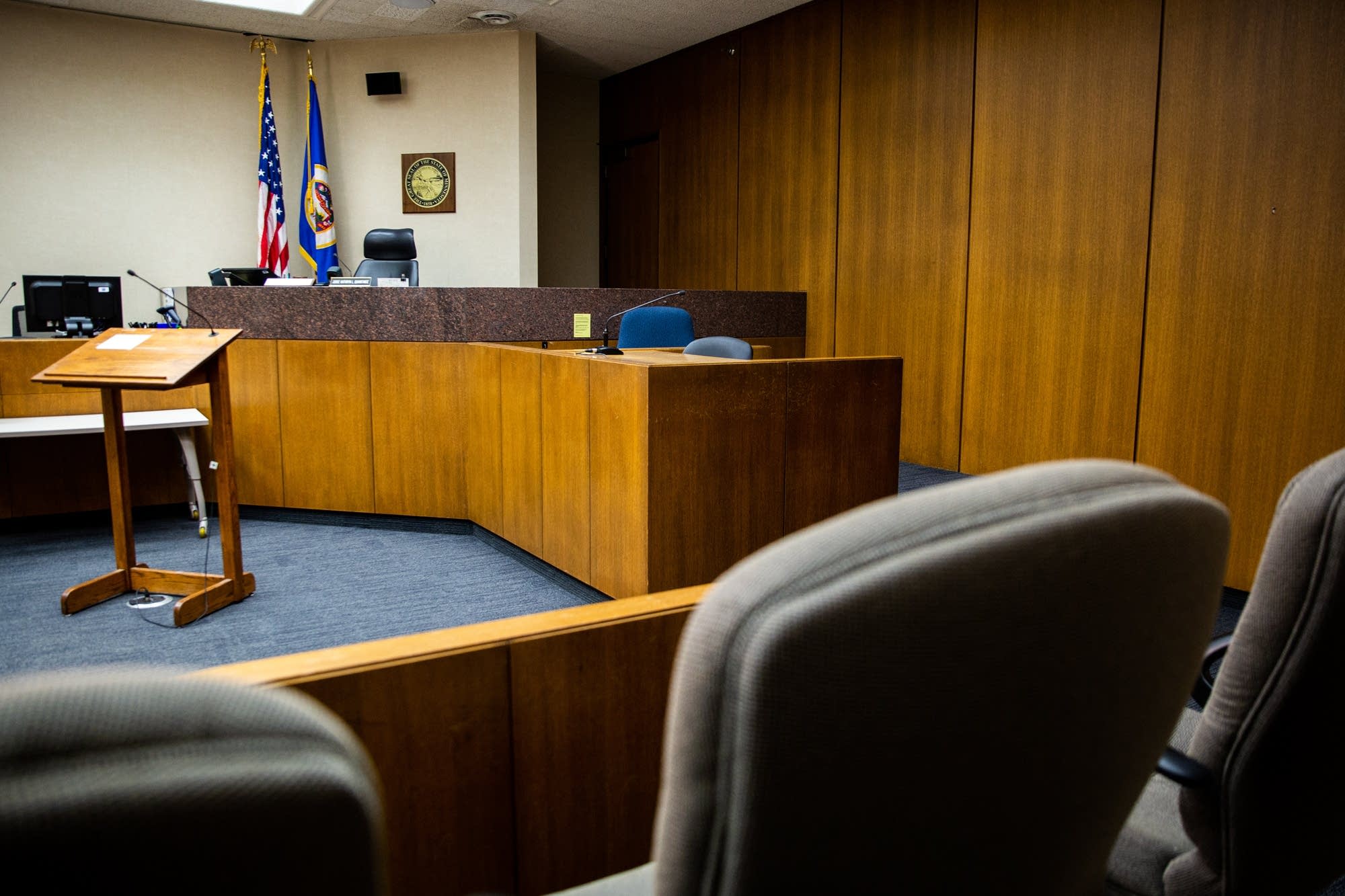 The view from the jury box in the courtroom.
