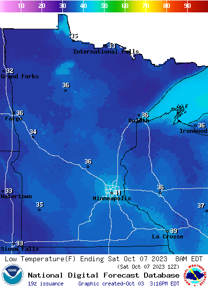 Forecast low temperatures Saturday morning