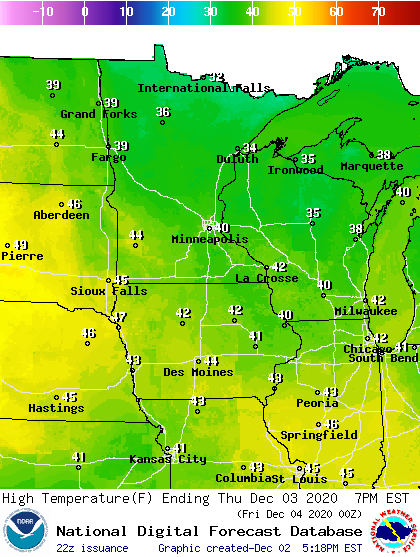 Forecast high temperatures Thursday