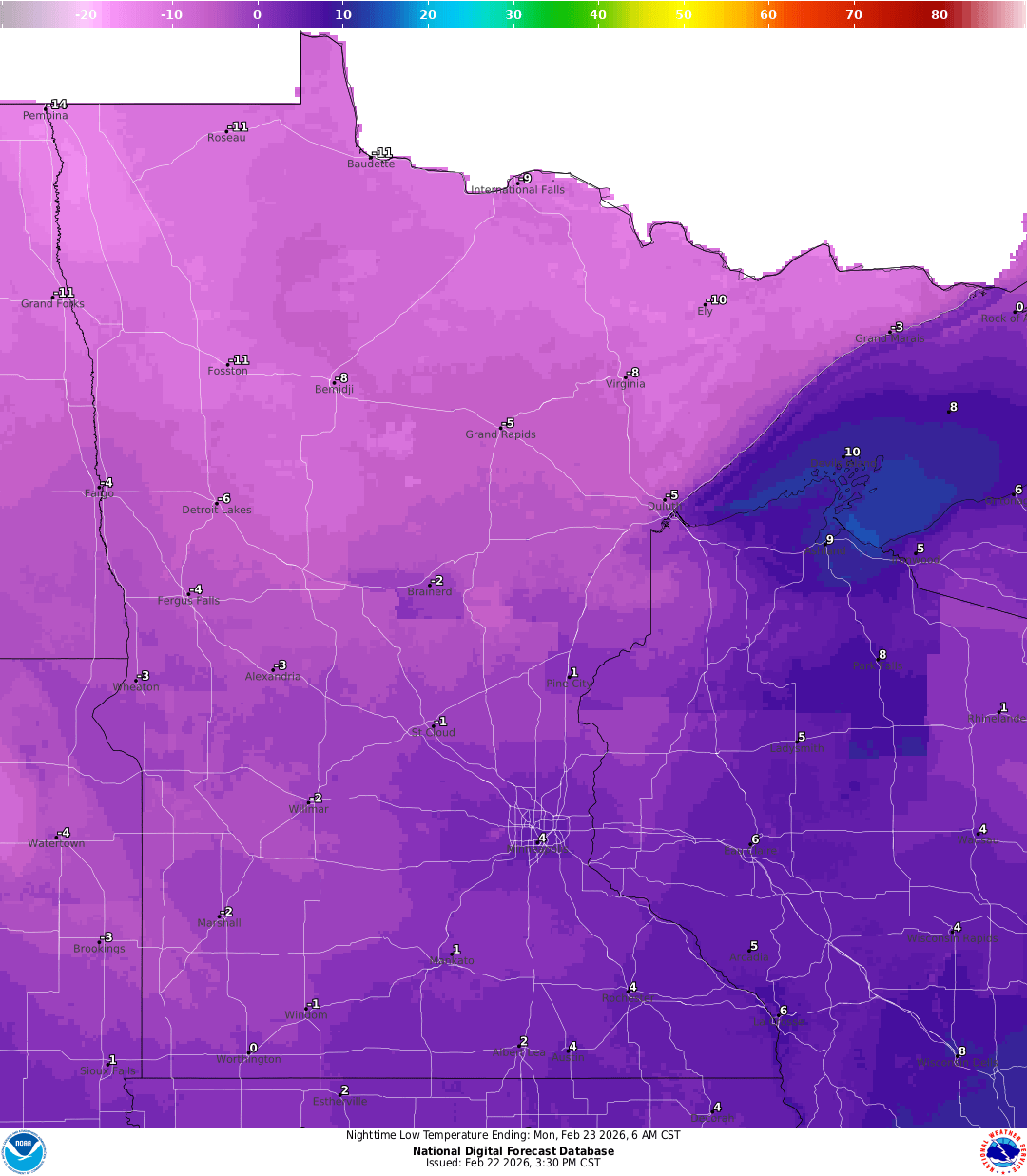Lows for Sunday night