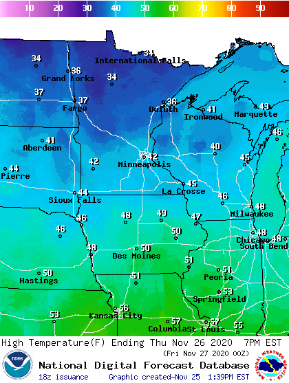 Forecast high temperatures Thursday