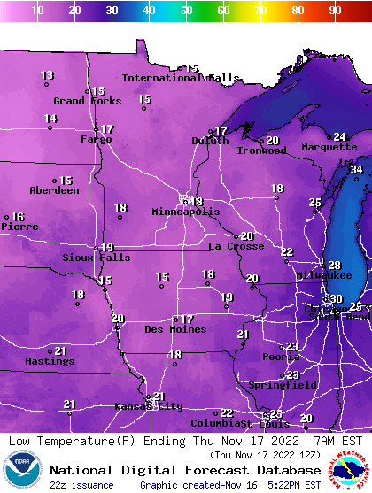Forecast low temperatures Thursday morning
