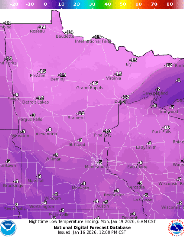 Forecast low temperatures Monday