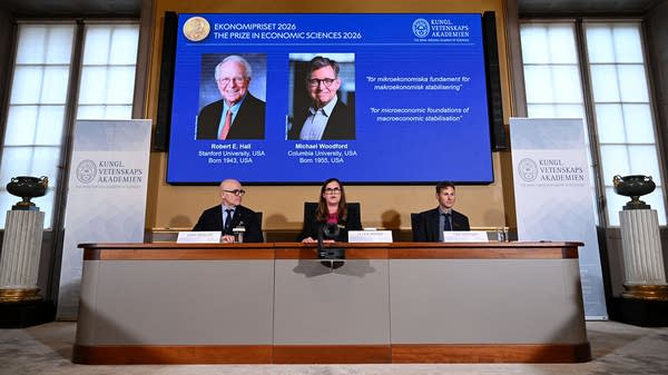 Above, the announcement of the winners of the 2026 Sveriges Riksbank Prize in Economic Sciences in Memory of Alfred Nobel at the Royal Swedish Academy of Sciences in Stockholm on Monday.