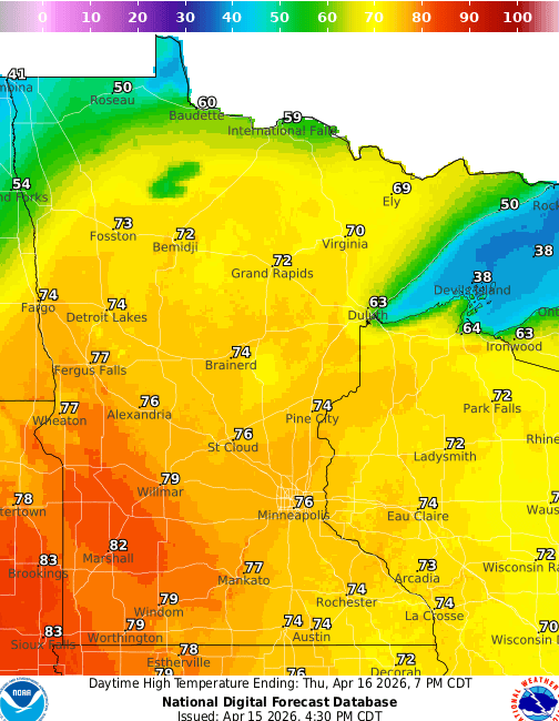 Forecast high temperatures Thursday