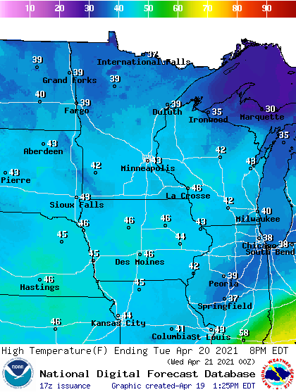 Forecast high temperatures Tuesday