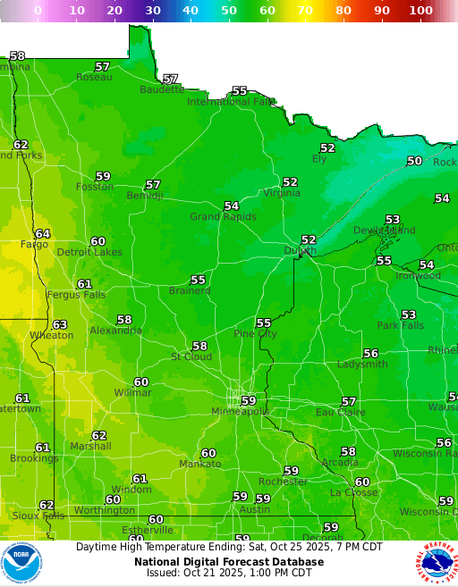 Forecast high temperatures Saturday