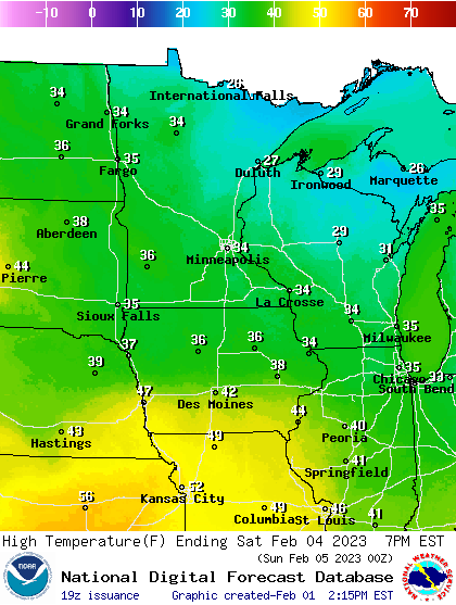 Forecast high temperatures Saturday