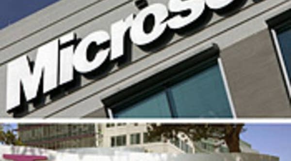 Microsoft and Yahoo logos in front of their respective headquarters.