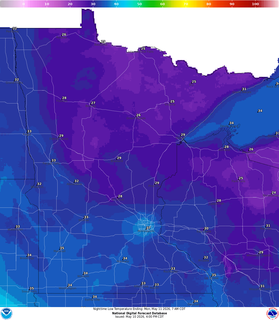 Lows for Sunday night