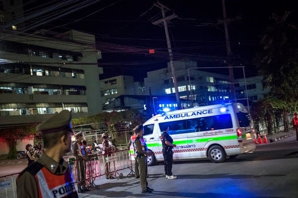 Rescued boys and their coach arrive at Chiangrai Prachanukroh Hospital.