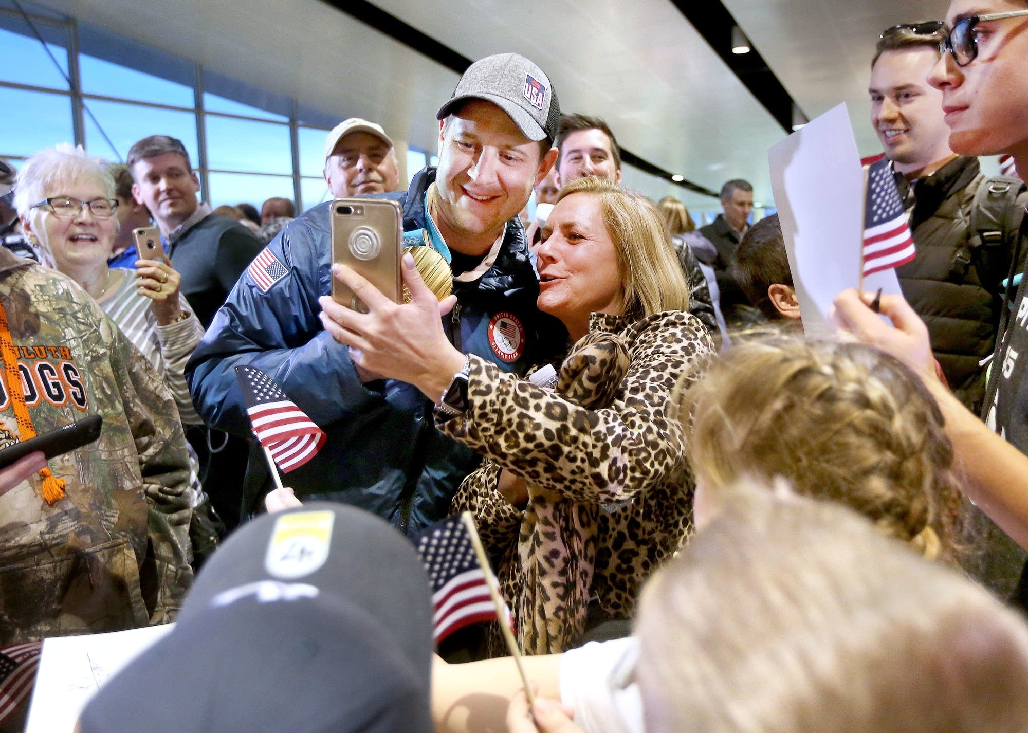 Nancy Litman of Duluth, a friend of John Shuster, takes a selfie.