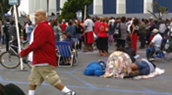 At the Forum, an old basketball arena in Inglewood, Calif. People started lining up at midnight on Tuesday for the free medical care offered by Remote Access Medical -- 1,500 people had signed up by 5 a.m.