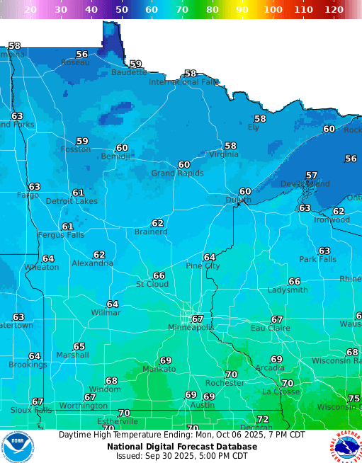 Forecast high temperatures Monday