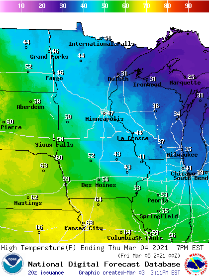 Forecast high temperatures Thursday
