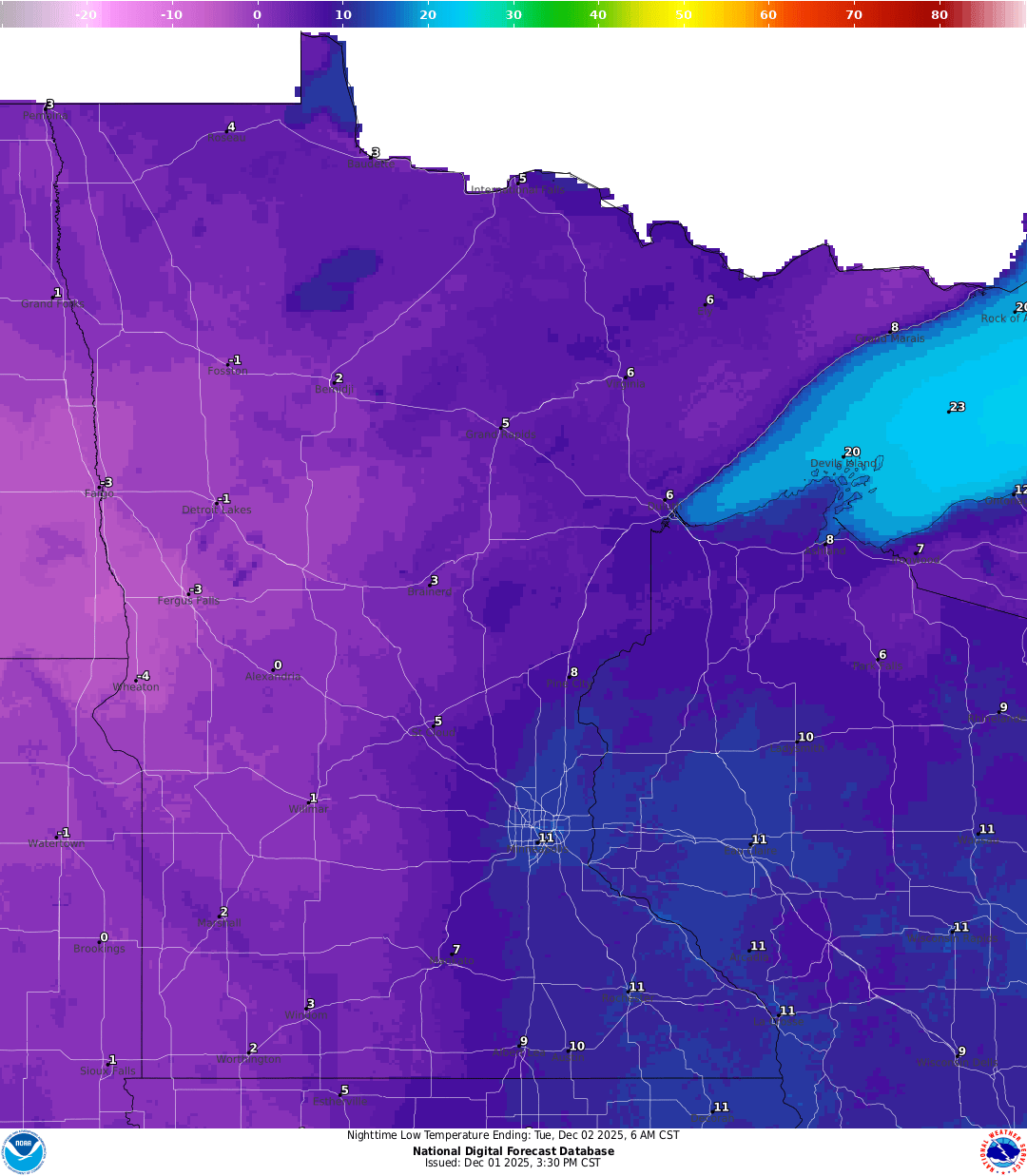 Lows for Monday night