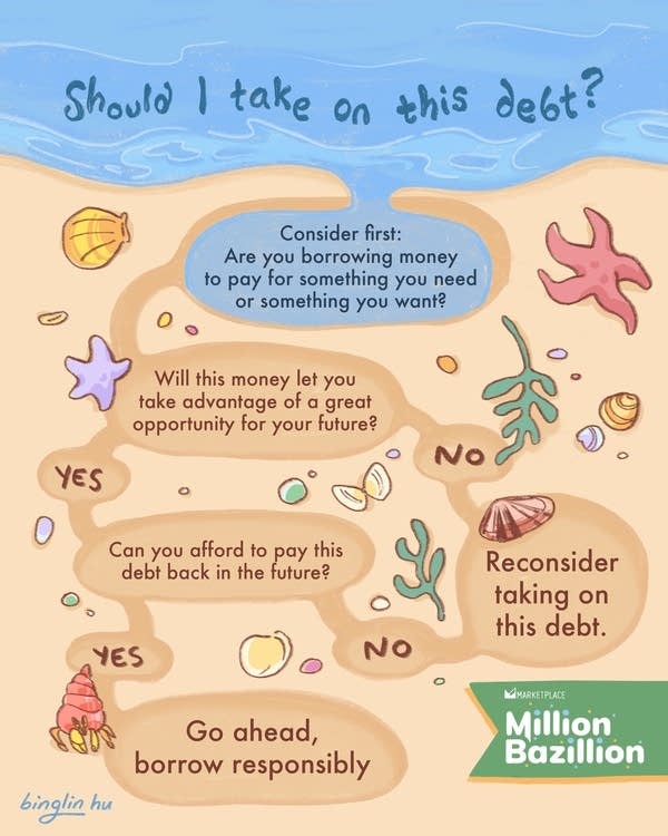 An infographic with a decision-making flowchart on whether to take on debt.