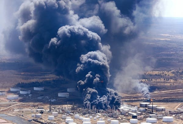 The Husky Energy refinery burns as seen from the air Thursday.