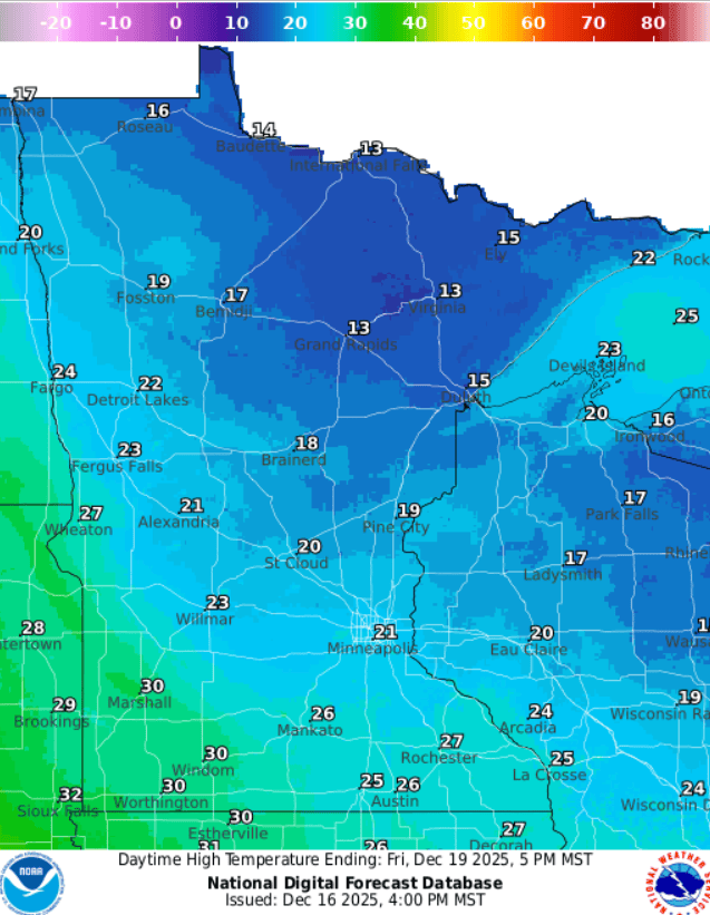 Forecast high temperatures Friday