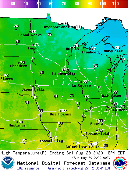 Forecast high temperatures Saturday