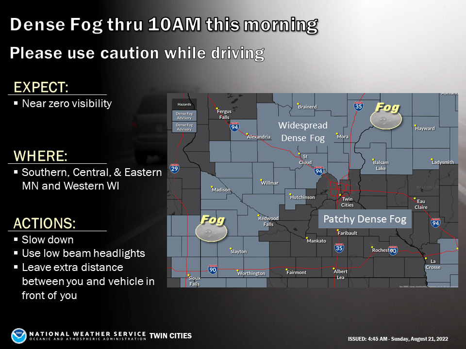 Areas of fog Sunday AM, then plenty of sunshine