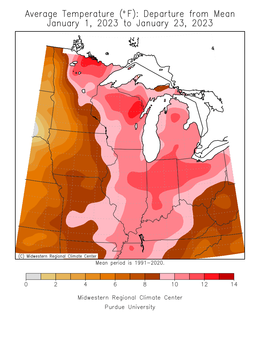 Temperature departure from average this month