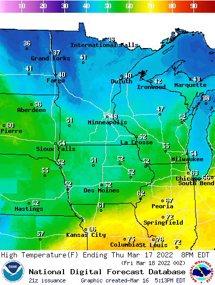 Forecast high temperatures Thursday